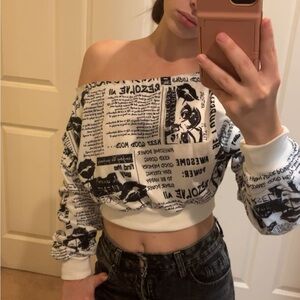 Trendy Off-Shoulder Newspaper Print Sweatshirt